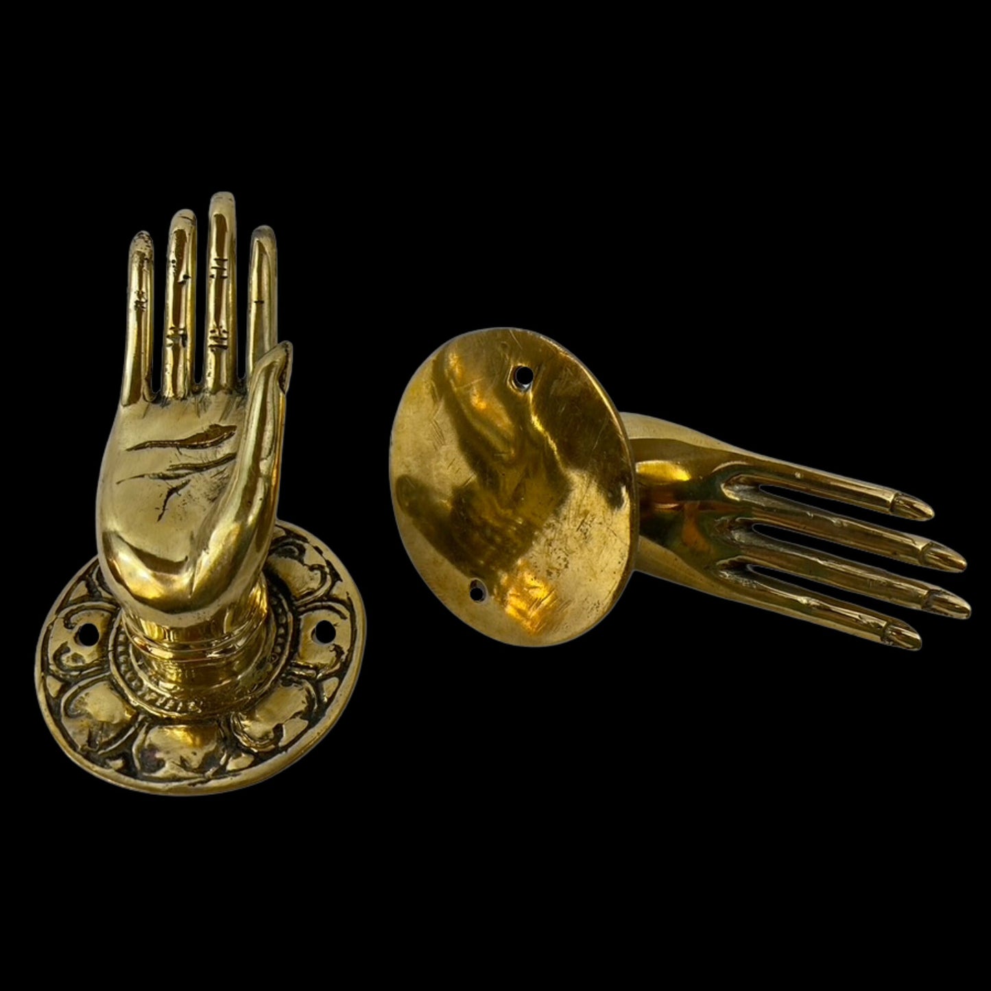 Buddha Mudra Hands Blessing Handle Door Pull Knob Cabinet Pull Wall Hook Handcrafted Bronze Metal Balinese Folk Art Boho Home decor Set of 2