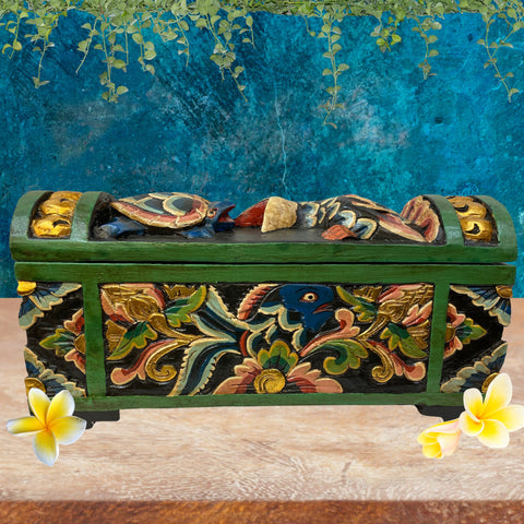 Balinese Turtle Bird DOWRY Offering BOX Hand Carved Painted Polychrome Wood Bali Folk Art Temple Stash Box