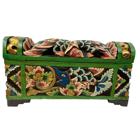 Balinese Bird & Fish DOWRY Offering BOX Hand Carved Polychrome Painted Wood Bali Indonesia Folk Art Stash Box