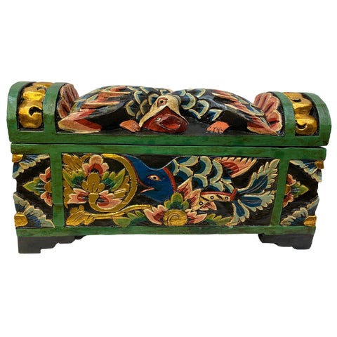 Balinese Bird & Fish DOWRY Offering BOX Hand Carved Polychrome Painted Wood Bali Indonesia Folk Art Stash Box