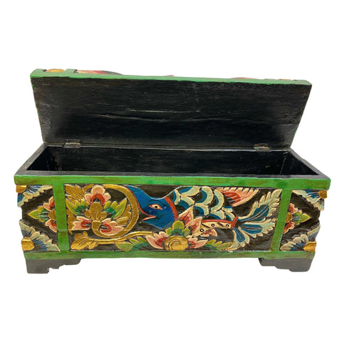 Balinese Bird & Fish DOWRY Offering BOX Hand Carved Polychrome Painted Wood Bali Indonesia Folk Art Stash Box