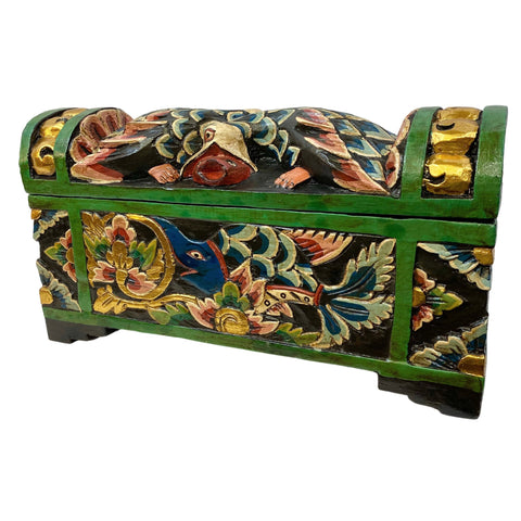 Balinese Bird & Fish DOWRY Offering BOX Hand Carved Polychrome Painted Wood Bali Indonesia Folk Art Stash Box