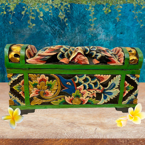 Balinese Bird & Fish DOWRY Offering BOX Hand Carved Polychrome Painted Wood Bali Indonesia Folk Art Stash Box