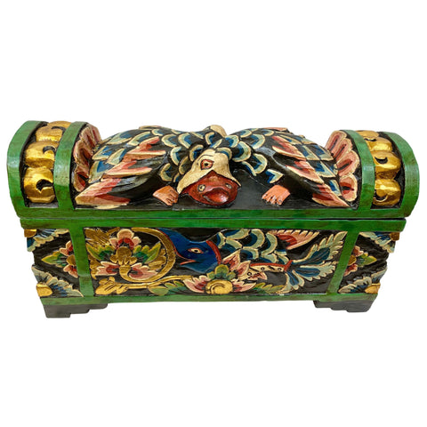 Balinese Bird & Fish DOWRY Offering BOX Hand Carved Polychrome Painted Wood Bali Indonesia Folk Art Stash Box