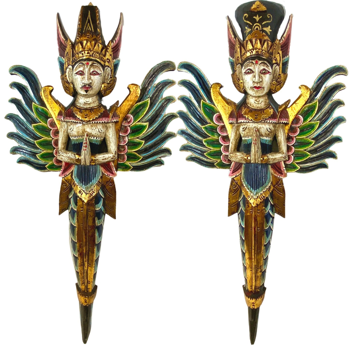 Winged Mermaid Wall Decor, Rama Sita God & Goddess Carved Wood Balinese Folk Art, Set 2