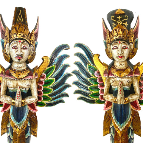 Winged Mermaid Wall Statue Rama Sita God & Goddess Hand Carved Painted Wood Balinese Folk Art art Teal Set 2