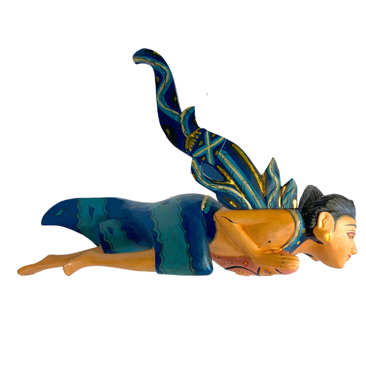 Winged Dewi Sri Fertility Goddess Mobile Spiritchaser Hand Carved Wood Teal Mother & Baby Carving Balinese folk art