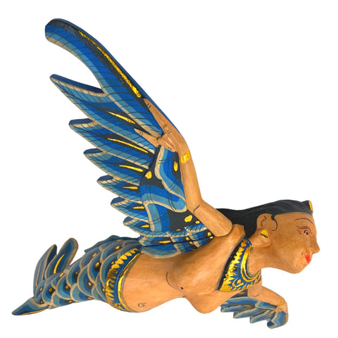 Flying Mermaid Mobile winged GODDESS Spiritchaser Demon Chaser Guardian Hand Carved Wood Ornament Balinese Folk Art Teal 12 inch