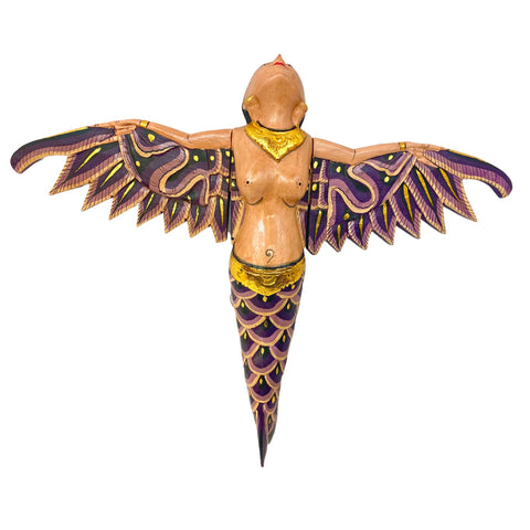 Bali Winged Mermaid Goddess Mobile,  Demon Chaser Cradle Guardian, Hand Carved Wood, Balinese Folk art Purple 16&quot;