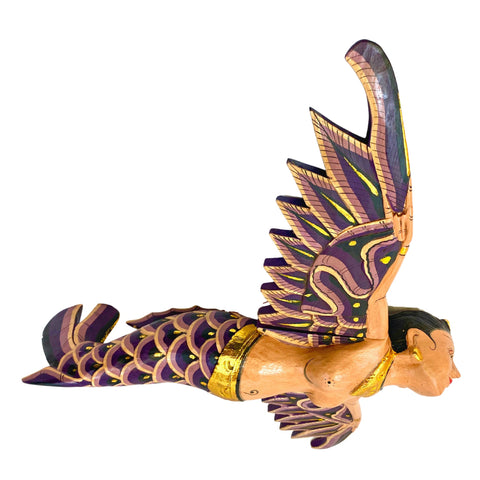 Bali Winged Mermaid Goddess Mobile,  Demon Chaser Cradle Guardian, Hand Carved Wood, Balinese Folk art Purple 16&quot;