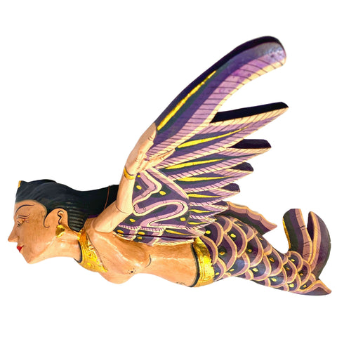 Bali Winged Mermaid Goddess Mobile,  Demon Chaser Cradle Guardian, Hand Carved Wood, Balinese Folk art Purple 16&quot;