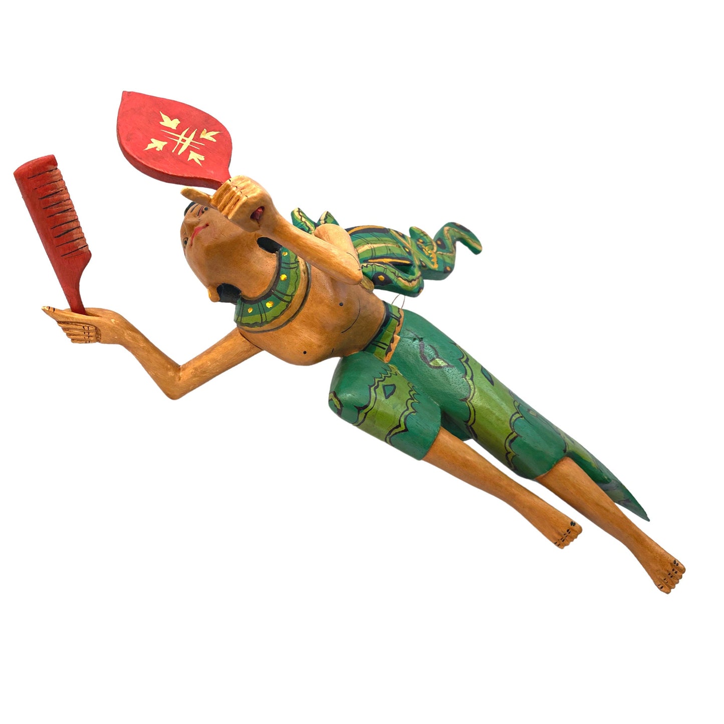 Flying Dewi Ratih Moon Lunar Goddess Mobile Crib Guardian Hand Carved Wood Bali Folk Art Green 16&quot; - Acadia World Traders