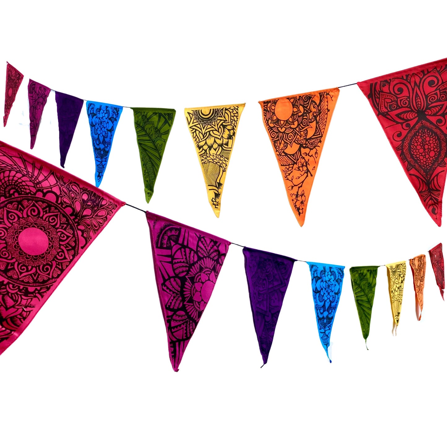 Lotus Mandala Rainbow Prayer Flag Set, Hand Printed Boho Wedding Decor, Garden Art