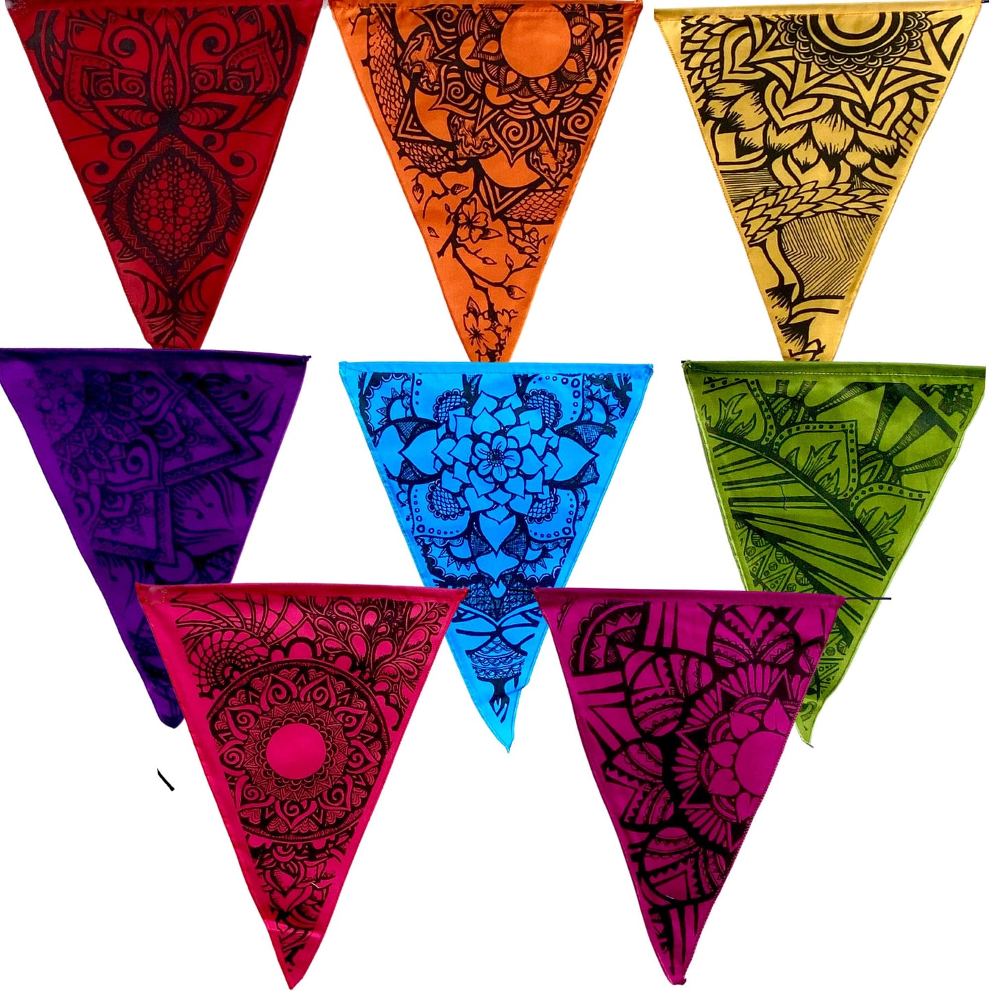 Lotus Mandala Rainbow Prayer Flag Set, Hand Printed Boho Wedding Decor, Garden Art