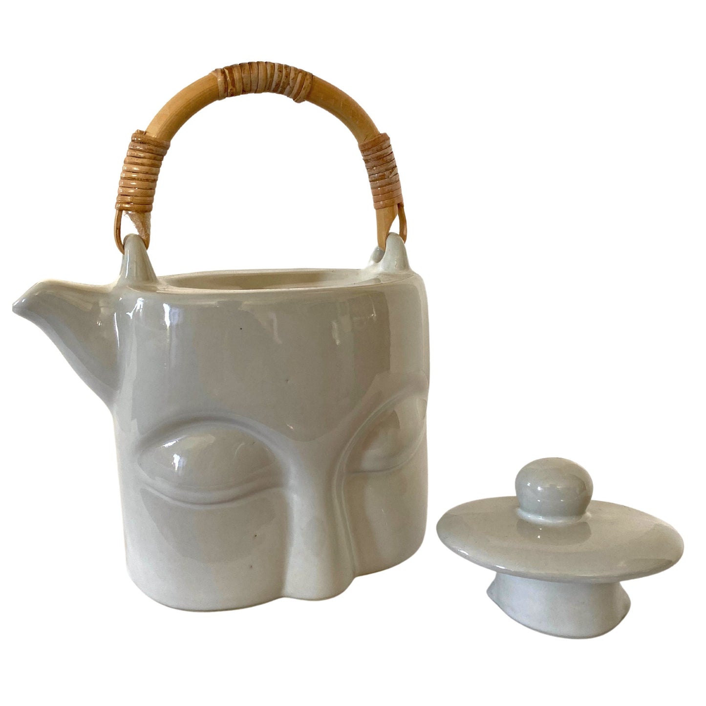 Handmade Buddha Eyes Teapot: White Glazed Ceramic Pottery, Bali Art