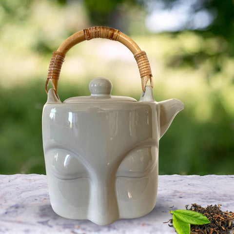 Wise Buddha Eyes Teapot Tea Pot Handmade Ceramic White Glazed Pottery Bali Art Tea Ceremony Eclectic Decor