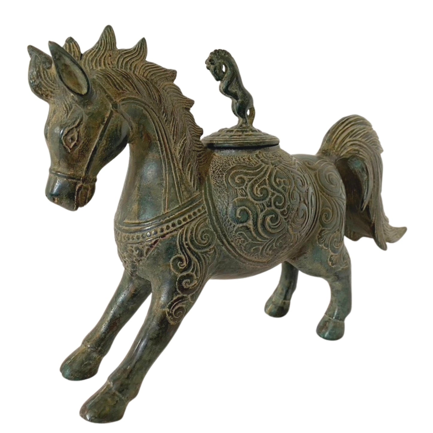Tribal Horse Betel Nut Lime Medicine Container stash Box Vintage Sumatran Verdigris Patina Bronze Indonesian Folk Art