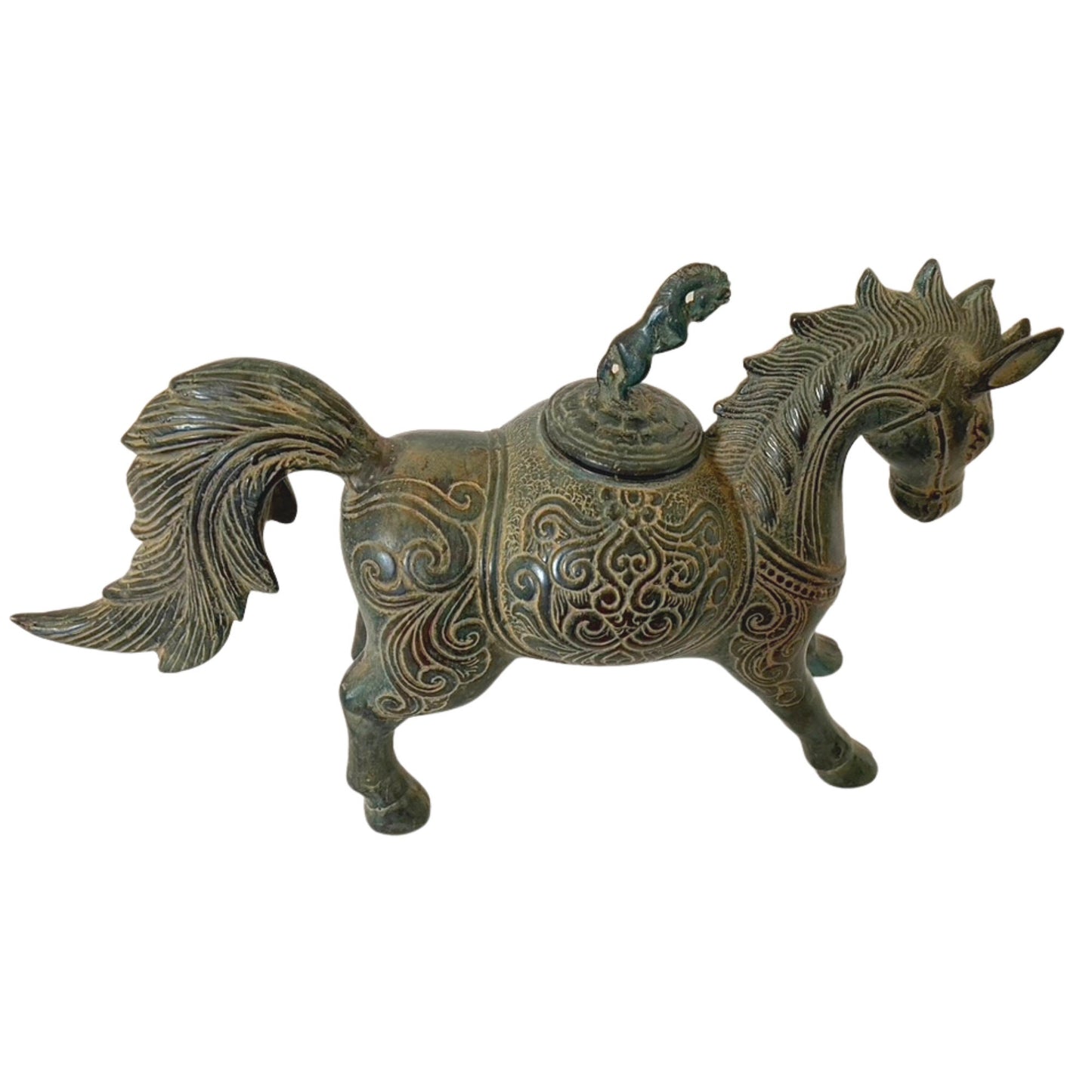 Tribal Horse Betel Nut Lime Medicine Container stash Box Vintage Sumatran Verdigris Patina Bronze Indonesian Folk Art