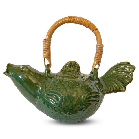 Asian Koi Fish Ceramic Teapot Pottery Stoneware Celadon Green handmade Bali Art Tea Ceremony Eclectic Boho Decor