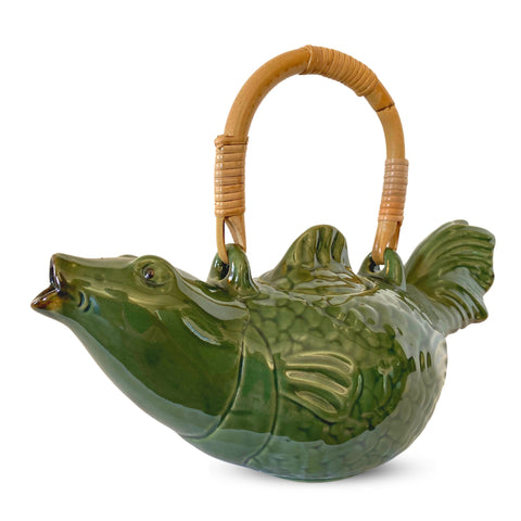 Asian Koi Fish Ceramic Teapot Pottery Stoneware Celadon Green handmade Bali Art Tea Ceremony Eclectic Boho Decor