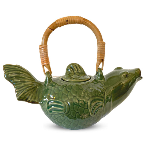 Asian Koi Fish Ceramic Teapot Pottery Stoneware Celadon Green handmade Bali Art Tea Ceremony Eclectic Boho Decor