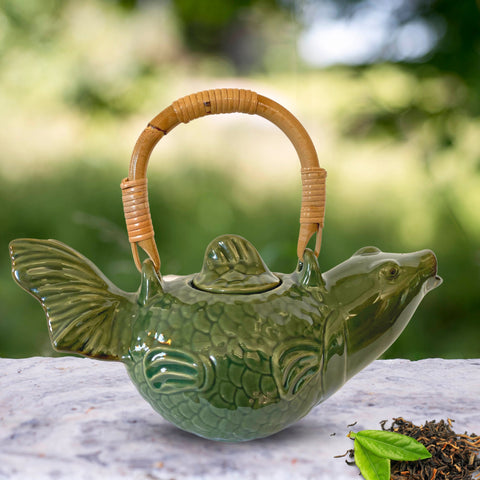 Asian Koi Fish Ceramic Teapot Pottery Stoneware Celadon Green handmade Bali Art Tea Ceremony Eclectic Boho Decor