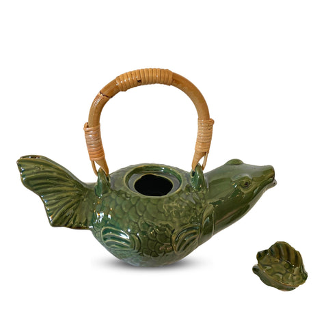 Asian Koi Fish Ceramic Teapot Pottery Stoneware Celadon Green handmade Bali Art Tea Ceremony Eclectic Boho Decor