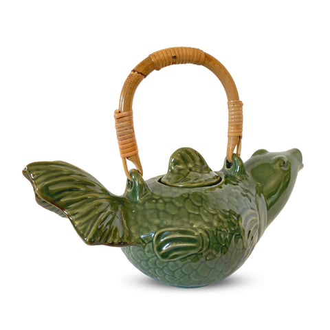 Asian Koi Fish Ceramic Teapot Pottery Stoneware Celadon Green handmade Bali Art Tea Ceremony Eclectic Boho Decor