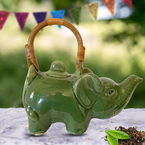 Elephant Ceramic Teapot Pottery Stoneware Celadon Green handmade Bali Art Tea Ceremony Eclectic Boho Decor