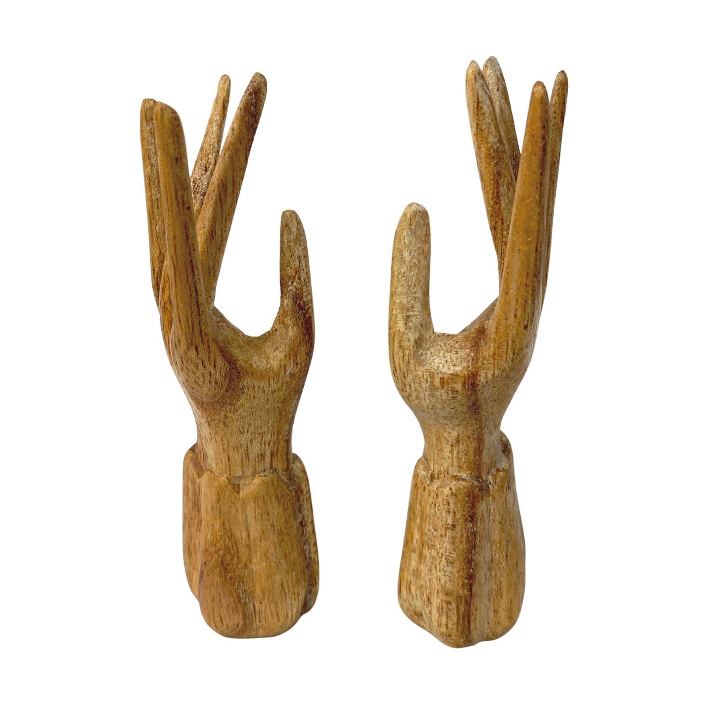 Buddha Mudra Hand Statue Ring Holder Namaste Blessing Hands Wood Carving Sculpture  set 2 hand carved Balinese Folk art 4&quot;