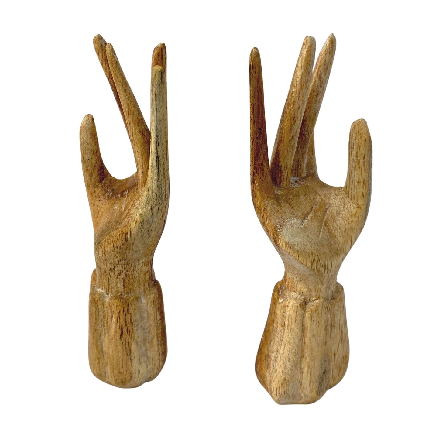 Buddha Mudra Hand Statue Ring Holder Namaste Blessing Hands Wood Carving Sculpture  set 2 hand carved Balinese Folk art 4&quot;