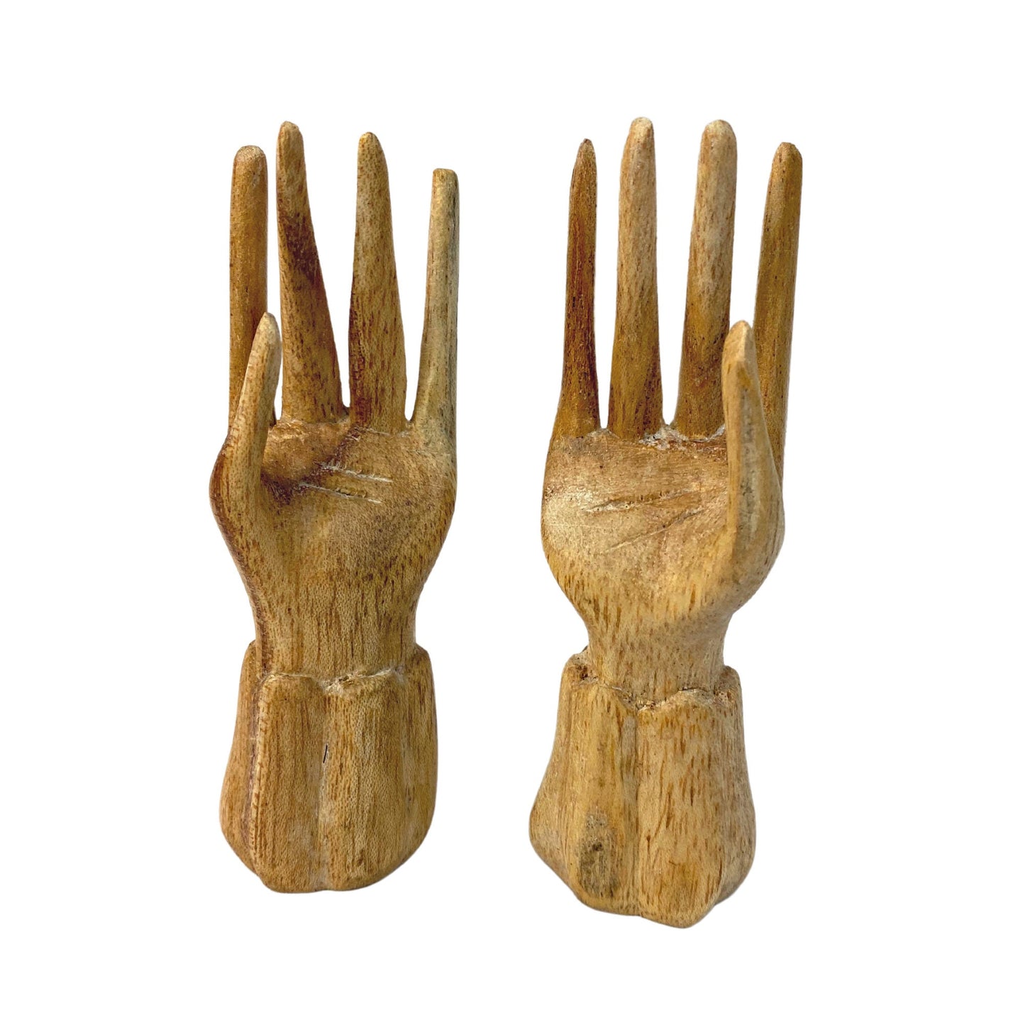 Buddha Mudra Hand Statue Ring Holder Namaste Blessing Hands Wood Carving Sculpture  set 2 hand carved Balinese Folk art 4&quot;