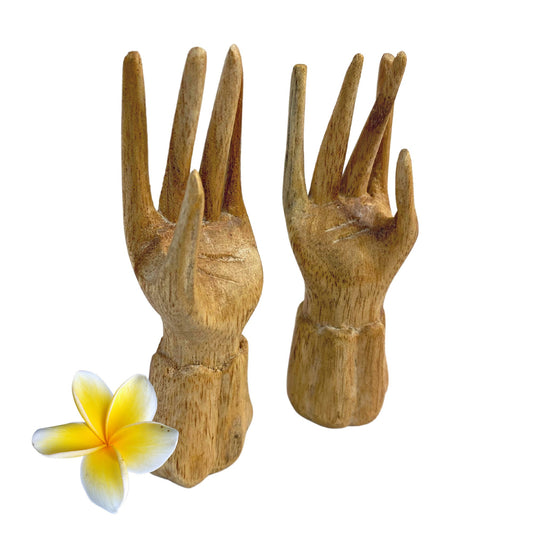 Buddha Mudra Hand Statue Ring Holder Namaste Blessing Hands Wood Carving Sculpture  set 2 hand carved Balinese Folk art 4&quot;