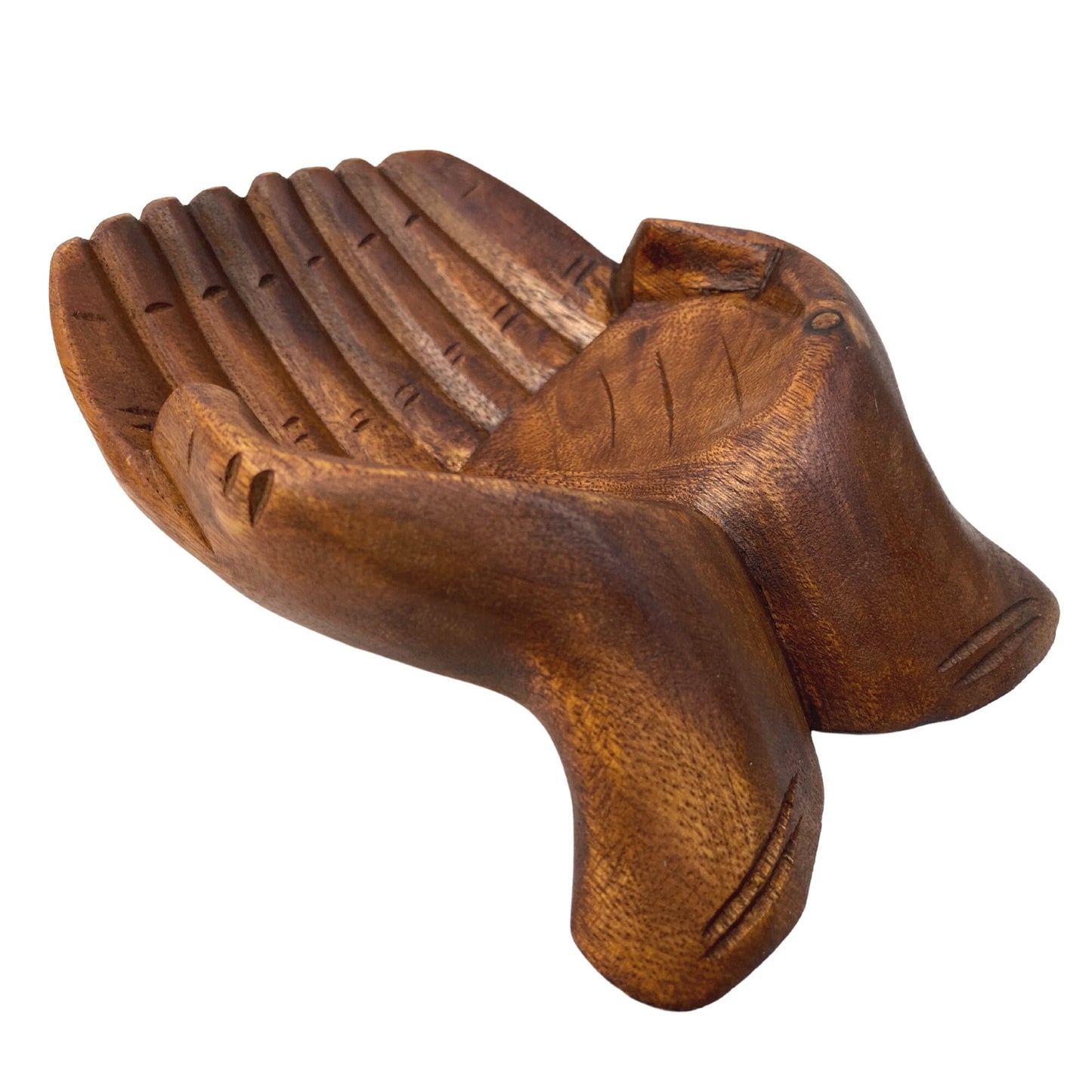 Buddha Mudra Hands Bowl: Hand Carved Wood Jewelry Dish, Bali Art