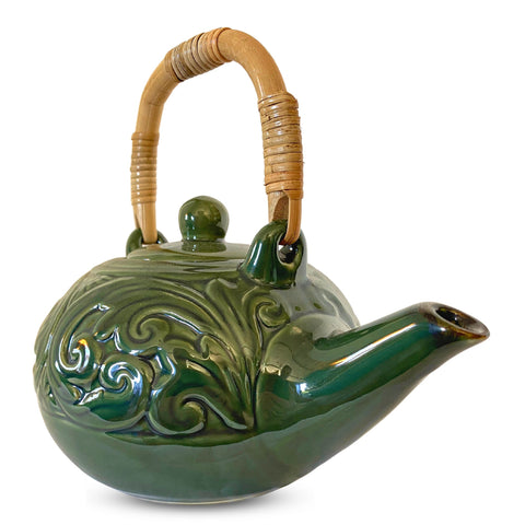 Balinese Floral Embossed  Ceramic Teapot Pottery Stoneware Celadon Green handmade Bali Art Tea Ceremony Eclectic Boho Decor