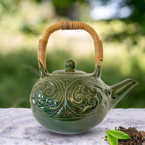 Balinese Floral Embossed  Ceramic Teapot Pottery Stoneware Celadon Green handmade Bali Art Tea Ceremony Eclectic Boho Decor