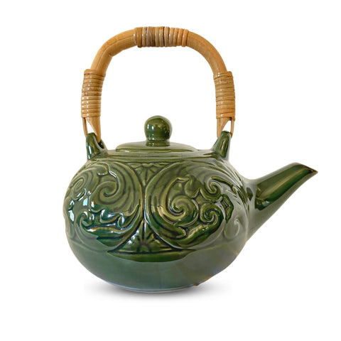 Balinese Floral Embossed  Ceramic Teapot Pottery Stoneware Celadon Green handmade Bali Art Tea Ceremony Eclectic Boho Decor