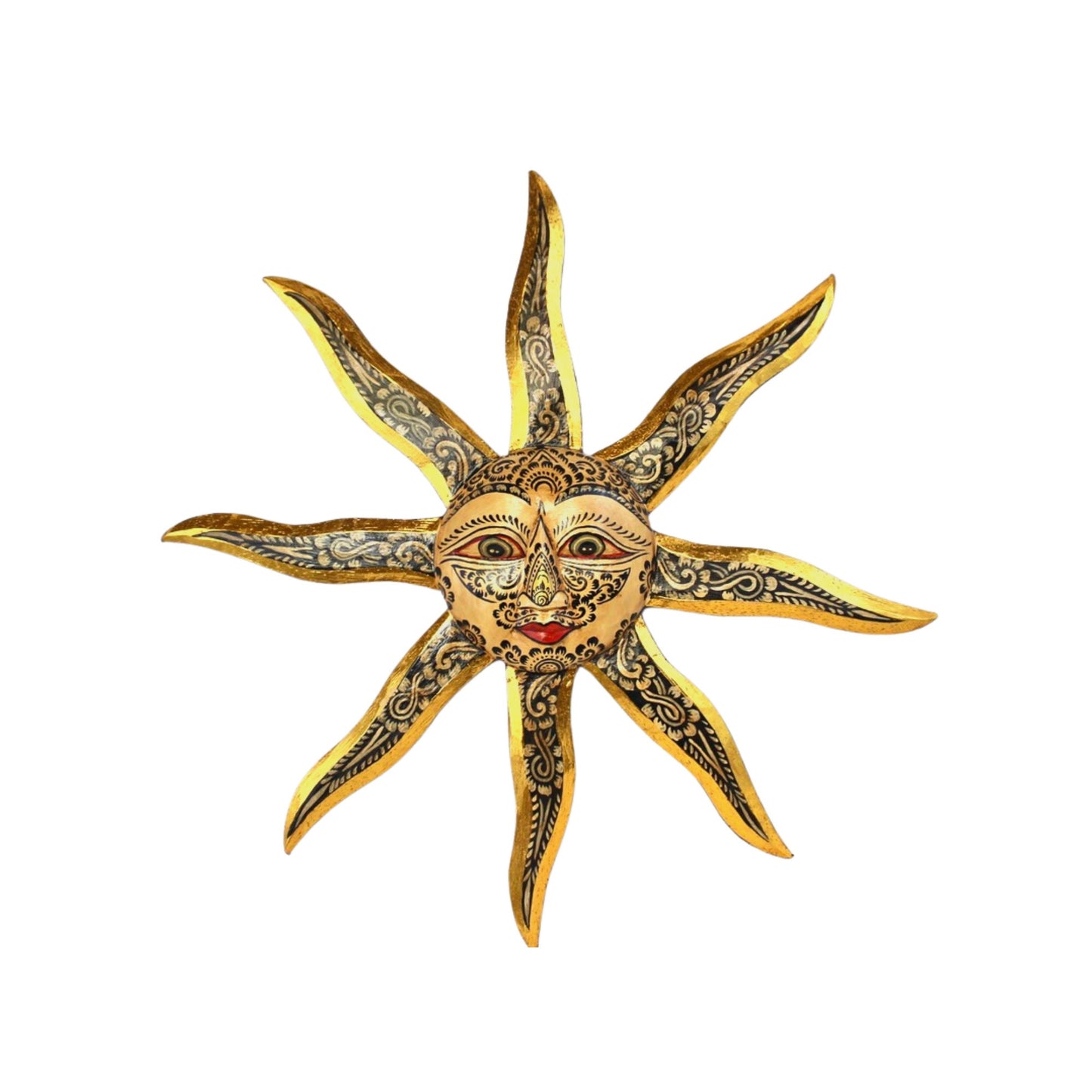 Hand Carved Folk Art Sun Wall Decor, Balinese Wood Carving, Sunburst Celestial Art