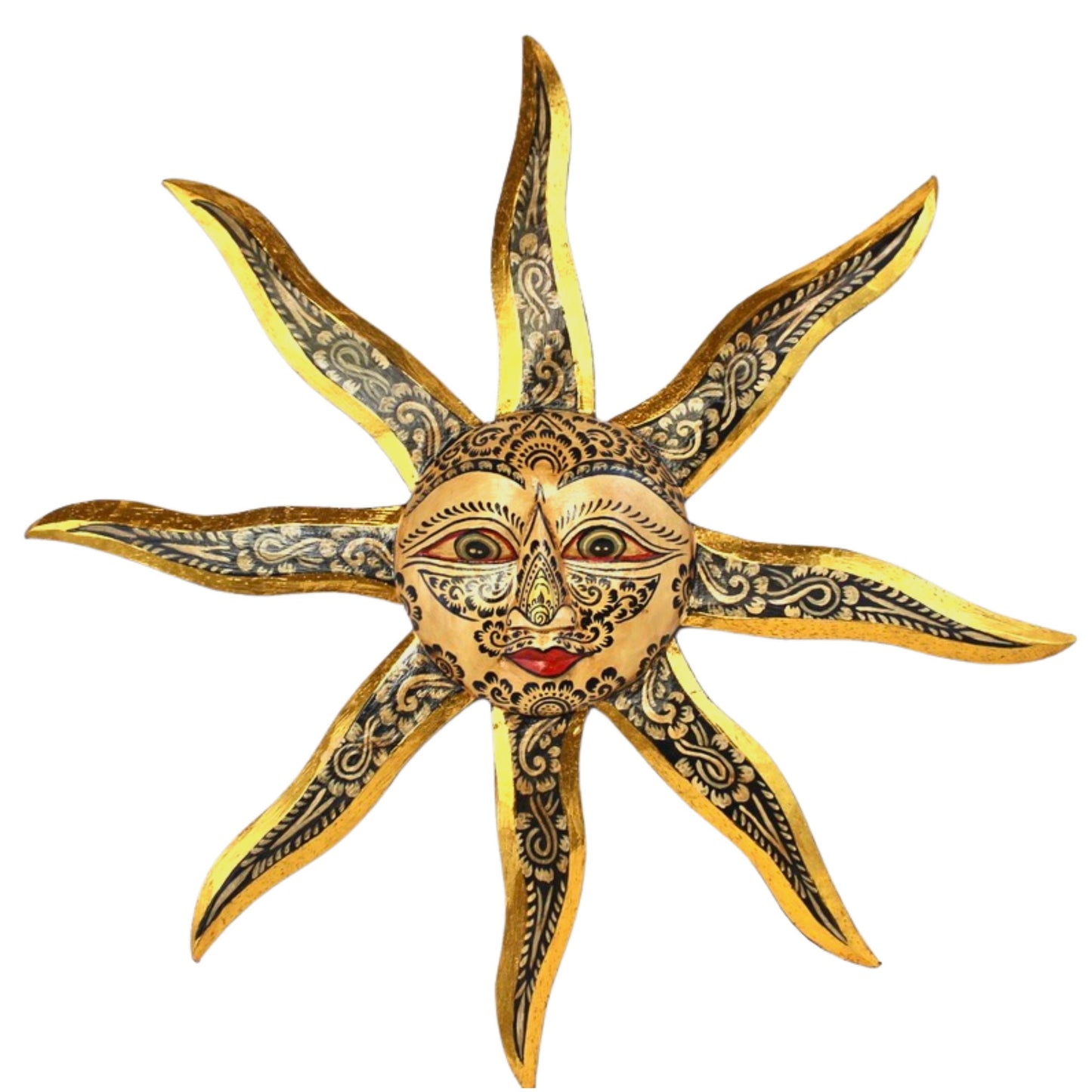 Hand Carved Folk Art Sun Wall Decor, Balinese Wood Carving, Sunburst Celestial Art