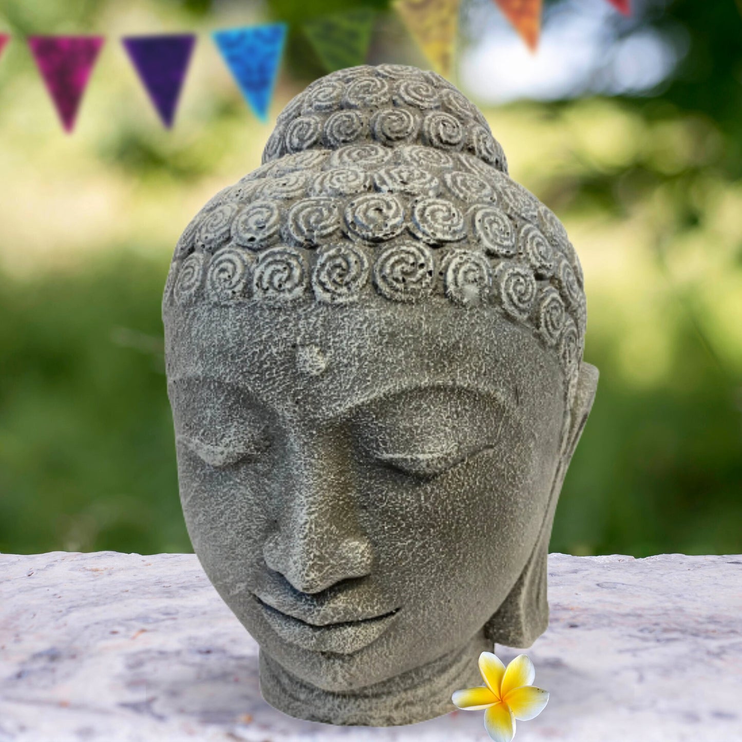 Buddha Head Garden Statue: Handmade Cast Lava Stone Sculpture, Balinese Garden Decor