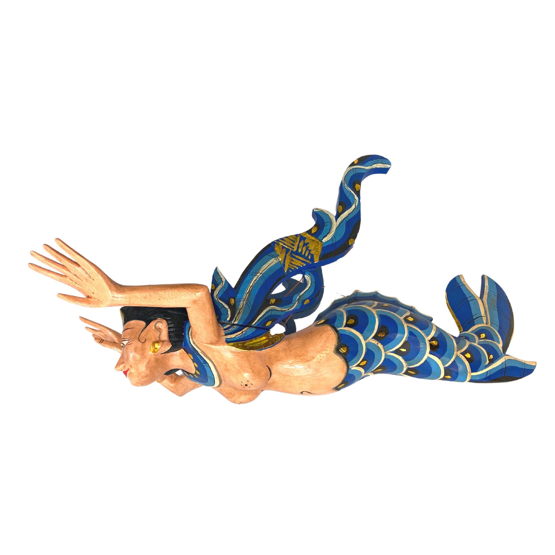 Winged Mermaid Goddess Hanging Mobile Spiritchaser Demon chaser Cradle guardian Hand Carved Painted wood Balinese Bali Folk art Teal 18&quot; - Acadia World Traders