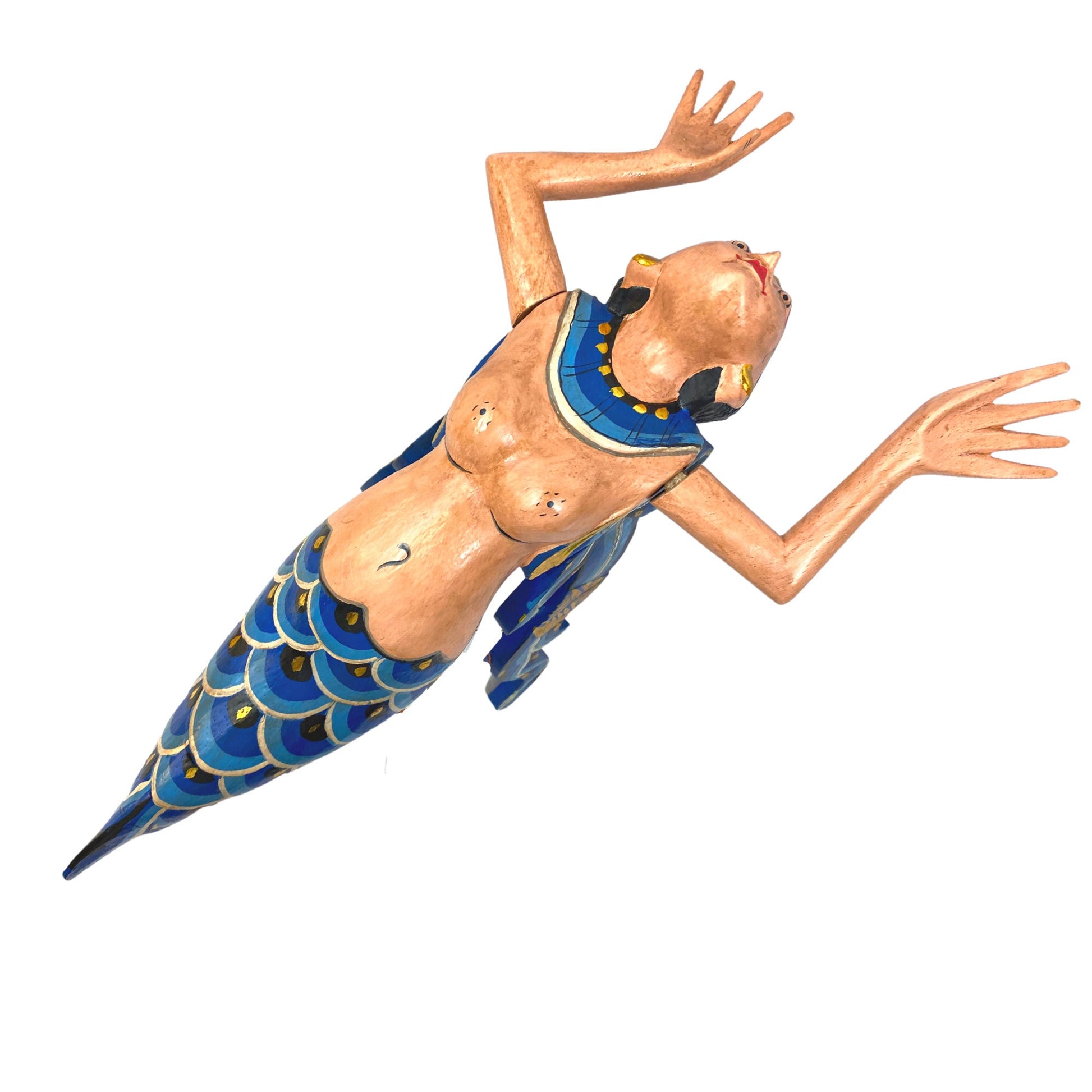 Winged Mermaid Goddess Hanging Mobile Spiritchaser Demon chaser Cradle guardian Hand Carved Painted wood Balinese Bali Folk art Teal 18&quot; - Acadia World Traders