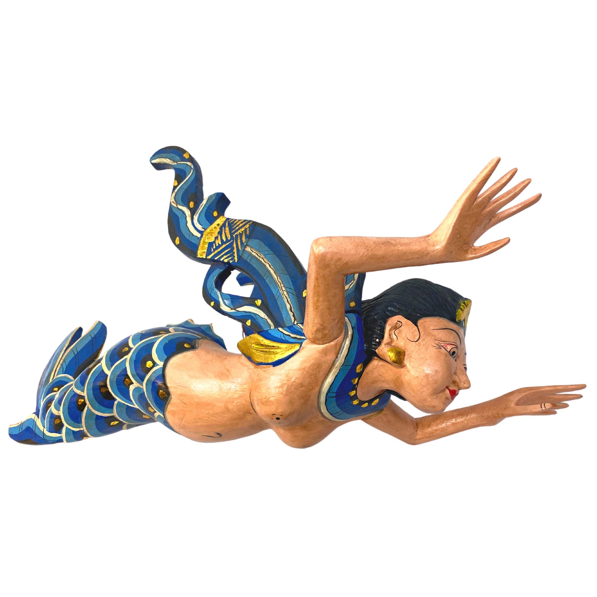 Winged Mermaid Goddess Hanging Mobile Spiritchaser Demon chaser Cradle guardian Hand Carved Painted wood Balinese Bali Folk art Teal 18&quot; - Acadia World Traders