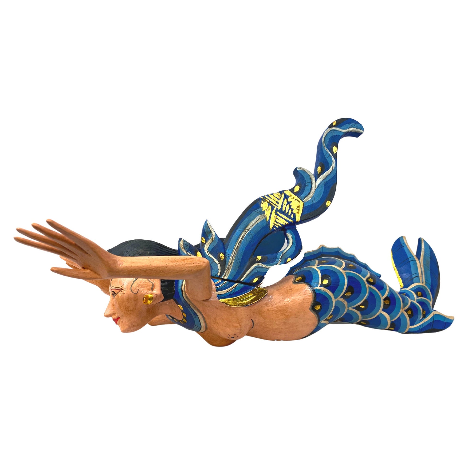 Winged Mermaid Goddess Hanging Mobile Spiritchaser Demon chaser Cradle guardian Hand Carved Painted wood Balinese Bali Folk art Teal 18&quot; - Acadia World Traders