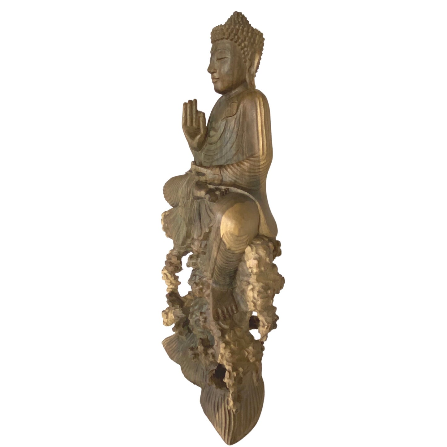 Meditating No Fear Buddha Sculpture Abhaya Mudra Statue Balinese Art Hand Carved Wood carving Eclectic Asian Decor