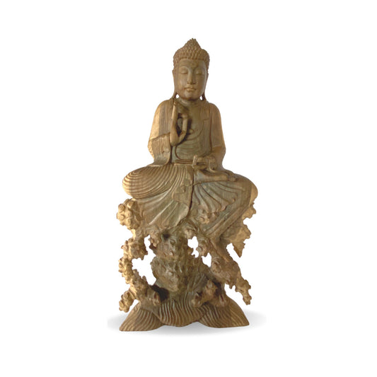 Meditating No Fear Buddha Sculpture Abhaya Mudra Statue Balinese Art Hand Carved Wood carving Eclectic Asian Decor