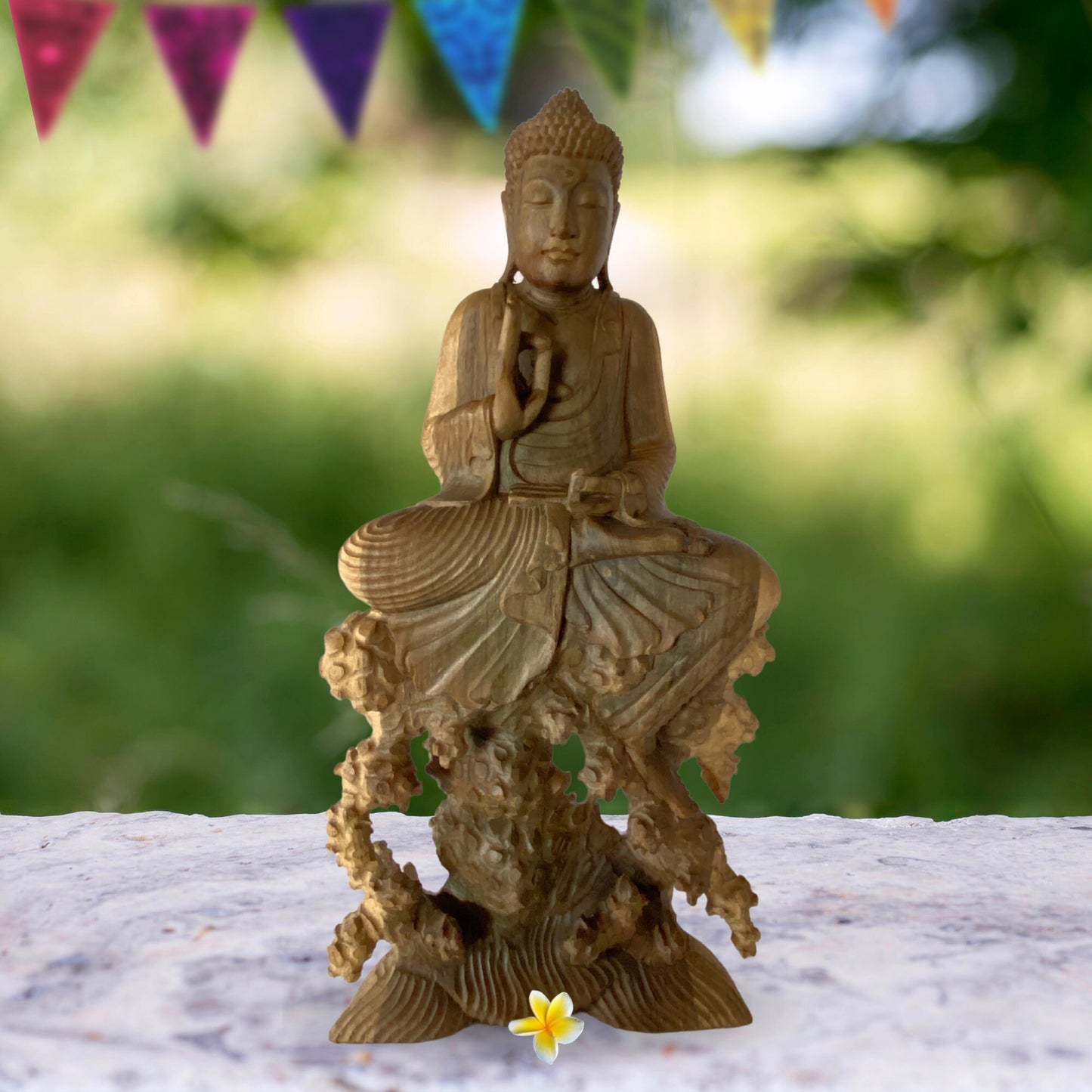 Meditating No Fear Buddha Sculpture Abhaya Mudra Statue Balinese Art Hand Carved Wood carving Eclectic Asian Decor