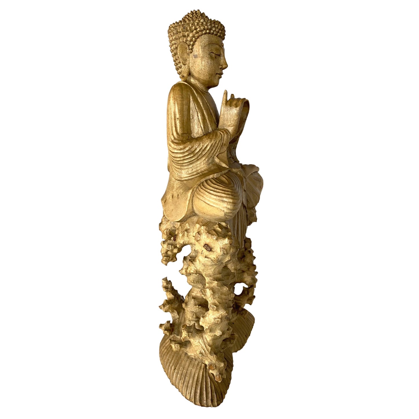 Hand Carved Wood Wishing Jewel Buddha Sculpture - Balinese Art Wood Carving Manidhari Mudra
