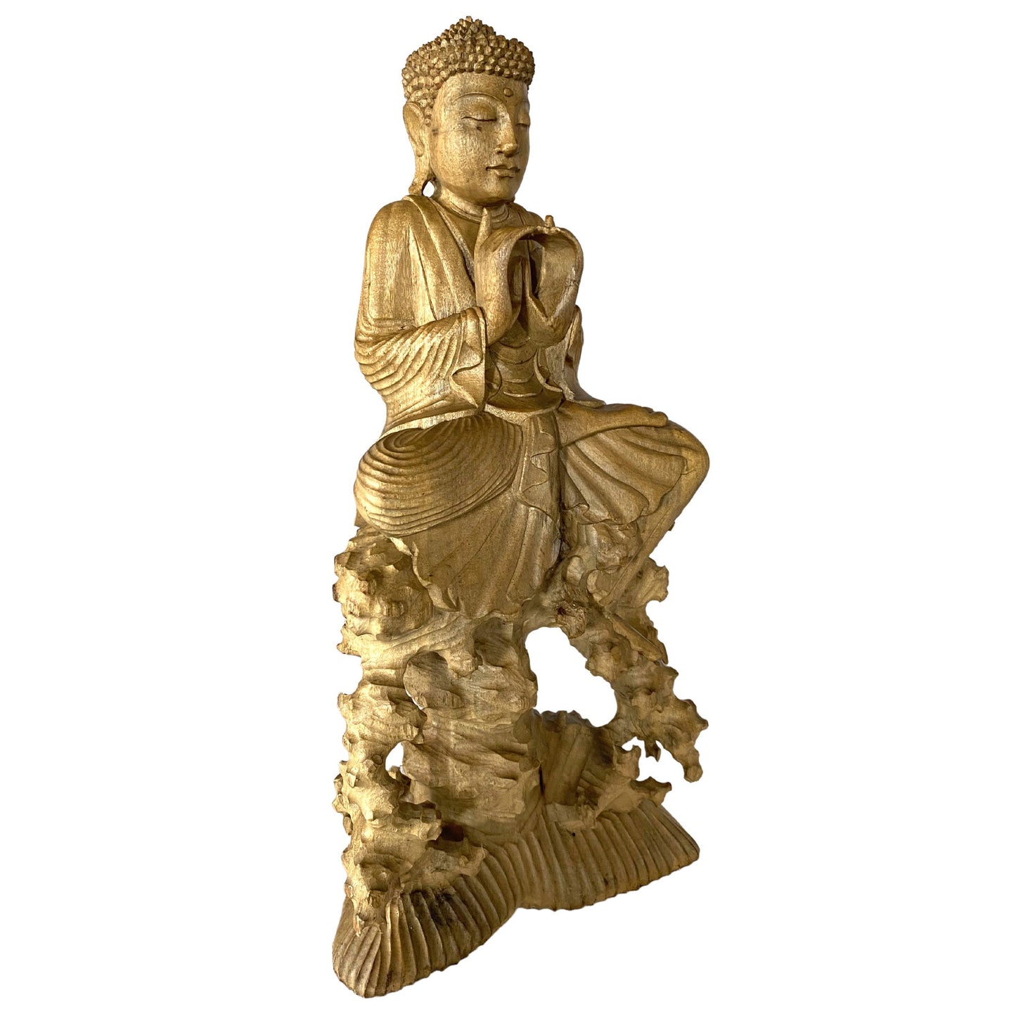 Hand Carved Wood Wishing Jewel Buddha Sculpture - Balinese Art Wood Carving Manidhari Mudra