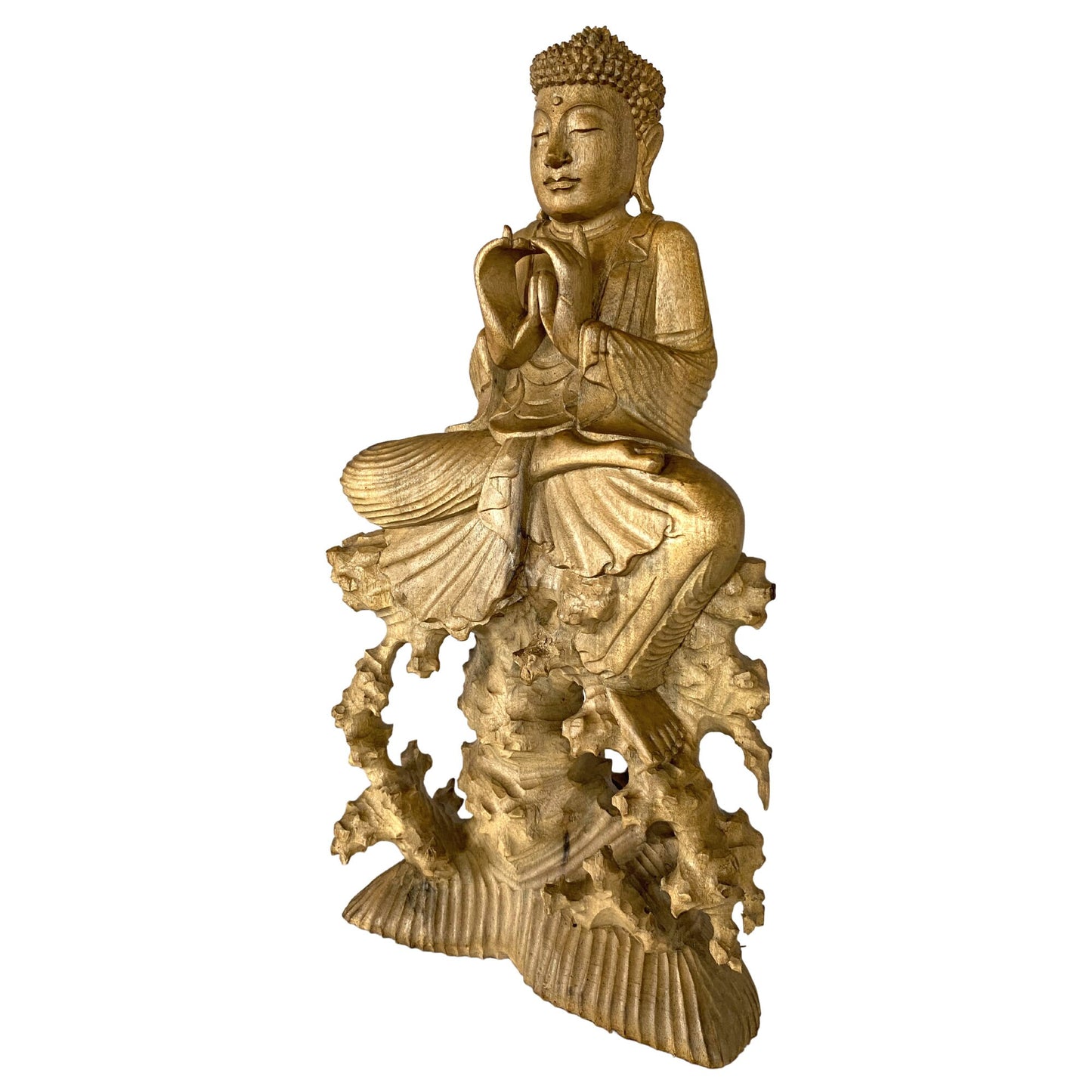 Hand Carved Wood Wishing Jewel Buddha Sculpture - Balinese Art Wood Carving Manidhari Mudra